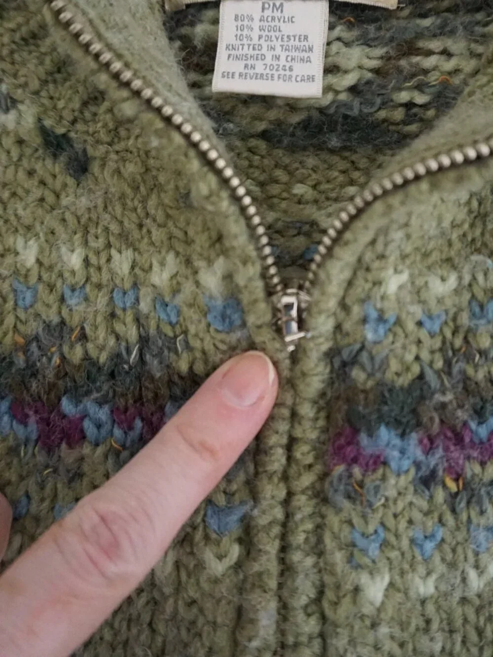 Vintage Studio Works Green Fair Isle Knit Zip Cardigan Nordic Pattern Petite PM - Picture 10 of 10